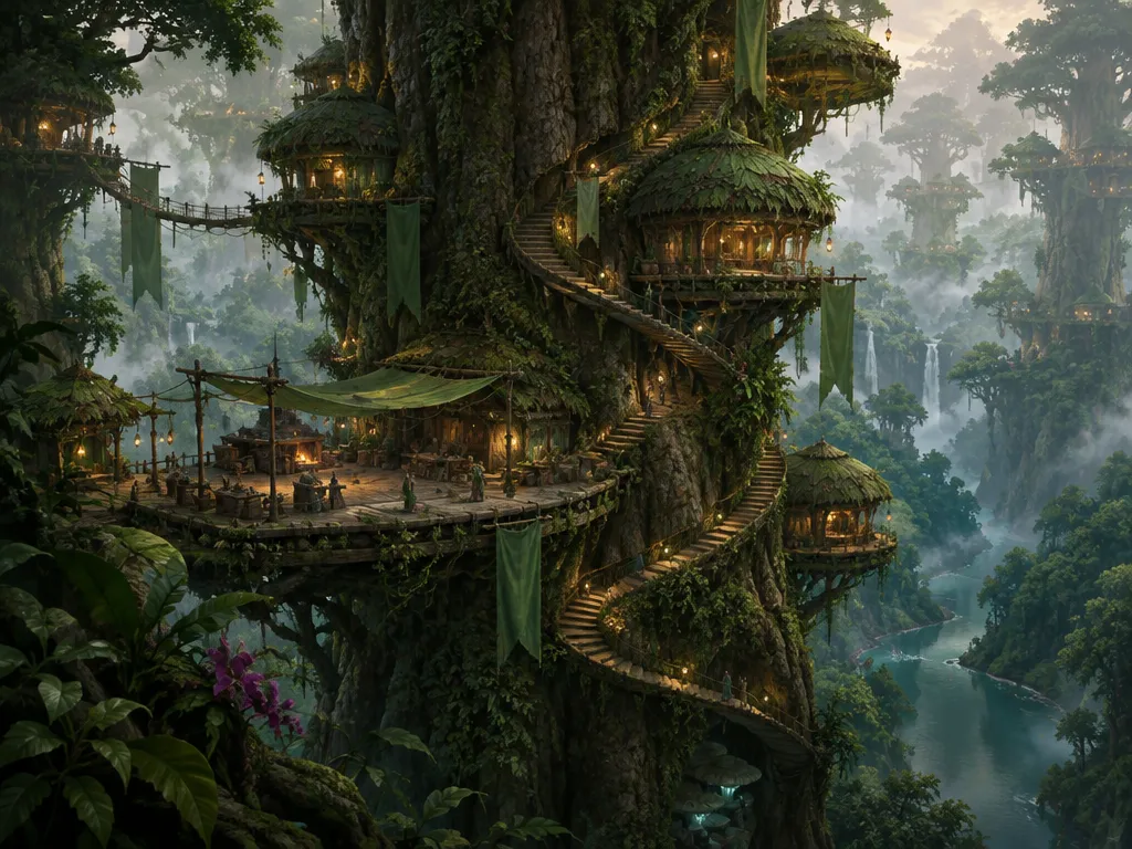 Desa guild Hearthknot: rumah bundar menempel di batang raksasa, tangga melingkar, dan panji kain daun di senja hari